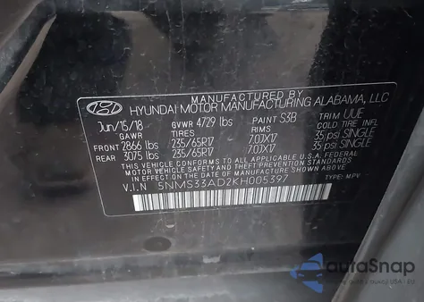 2019 Hyundai Santa Fe Sel z USA, uszkodzony, nr VIN 5NMS33AD2KH005397